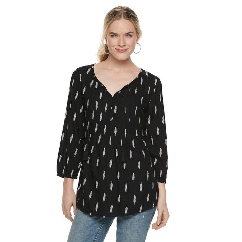 Sonoma Boho Black Feather Pattern Blouse M Southwestern Desert Chic Top